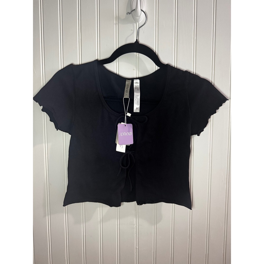 ANWND Womens Black Ribbed Front Tie Crop Top Lettuce Edge Short Sleeve M/L NEW